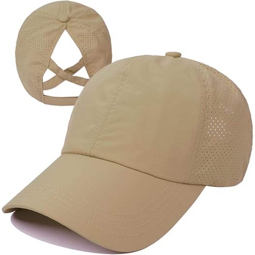 Womens Camel Criss Cross Ponytail Adjustable High Messy Bun Classic Baseball Cap
